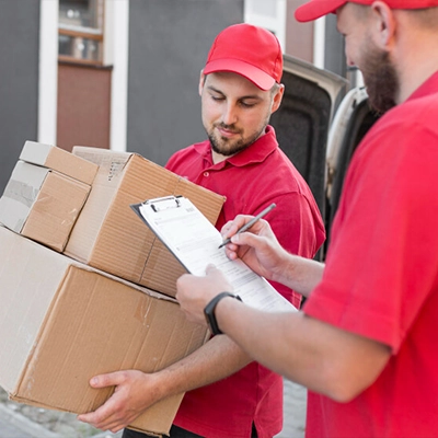 Smith Dray movers person moving boxes and another holding a checklist